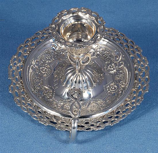 A nice pair of Victorian silver pierced chamber sticks, Diameter 4 ½”/115mm Height 2 ½”/64mm, Total weight 8.1oz/230 grms